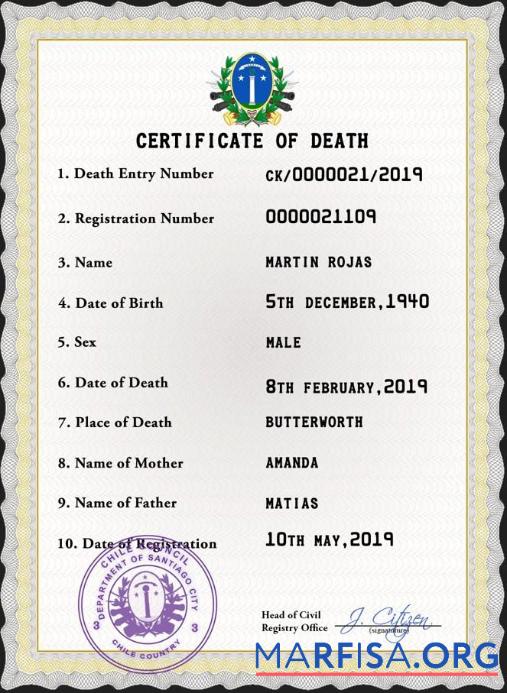 Printable Chile vital record death certificate PSD template